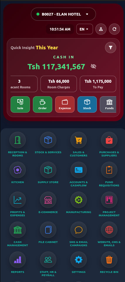 Elan Ledgers app — hotel, rooms & reception dashboard